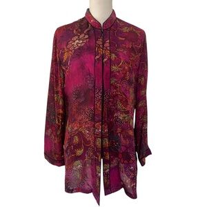 Chico’s 100% Silk Fuchsia Floral Mandarin Collar Tunic Asian Lady Print 2 Large